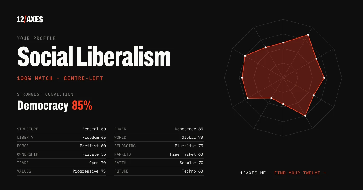 Example 12 Axes test result: Social Liberalism, 94% match, with a radar chart of all 12 axes